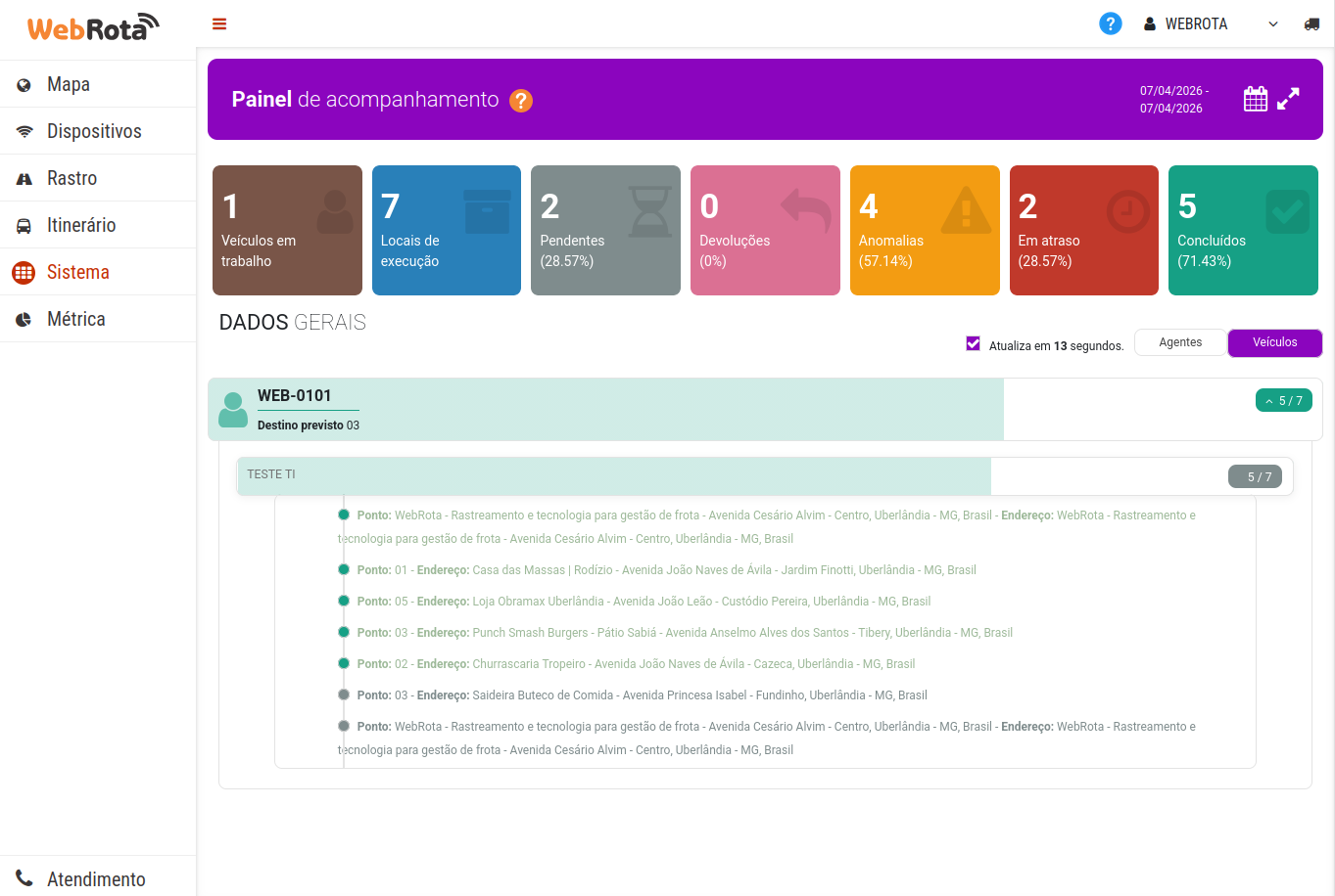 Tela da plataforma WebRota para gestão de frotas